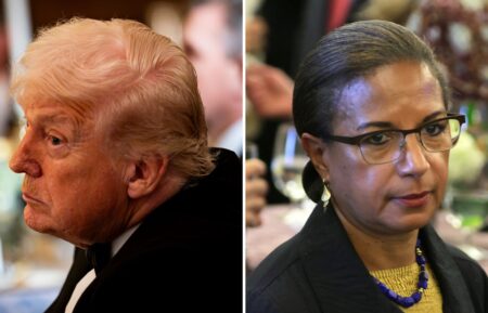 Donald Trump at the National Governors Association Evening Dinner and Reception in the East Room of the White House on February 21, 2026, in Washington, DC; Susan Rice at a portrait unveiling of former Secretary of State Hillary Clinton at the State Department on September 26, 2023, in Washington, DC