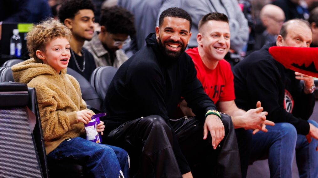 Rapper Drake is seen courtside during first half a game between the Toronto Raptors and the Golden State Warriors