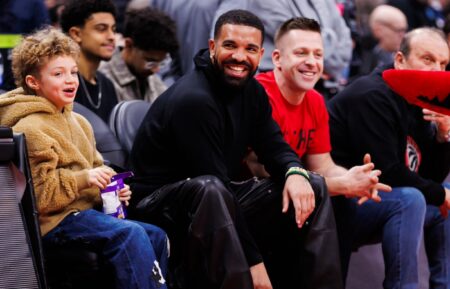 Rapper Drake is seen courtside during first half a game between the Toronto Raptors and the Golden State Warriors