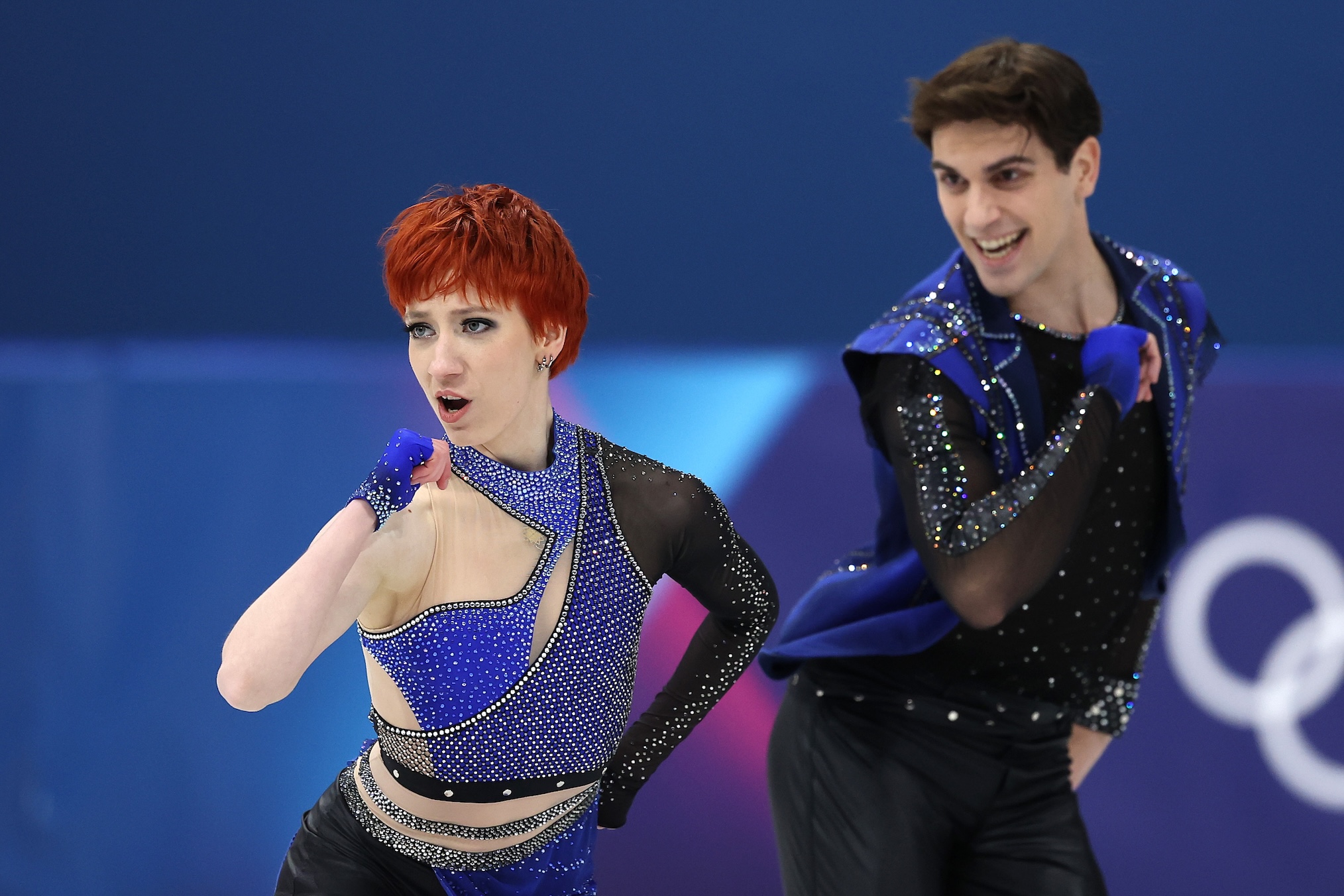 Evgeniia Lopareva and partner Geoffrey Brissaud of Team France compete in Ice Dance - Rhythm Dance Qualification on day three of the Milano Cortina 2026 Winter Olympic games at Milano Ice Skating Arena on February 09, 2026 in Milan, Italy.