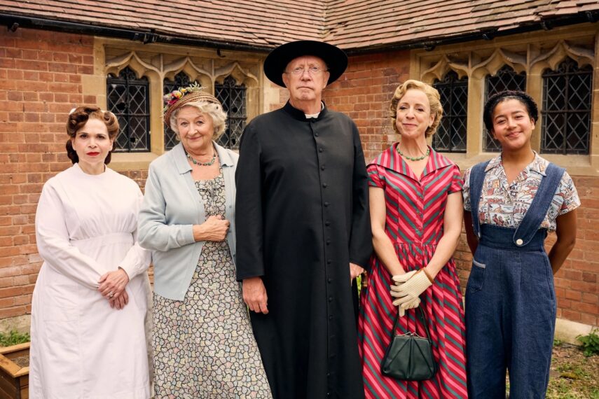 Debbie Chazen as Nurse Dorothy Hyde, Sorcha Cusack as Bridgette McCarthy, Mark Williams as Father Brown, Claudie Blakley as Isabel Sullivan and Ruby-May Martinwood as Brenda Palmer in Father Brown. BBC Studios/Kevin Baker