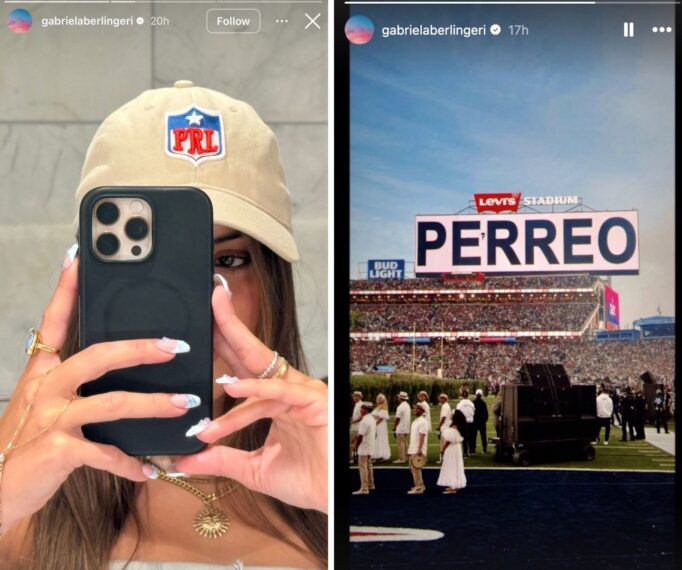 Gabriela Berlingeri taking a mirror seflie, wearing a Puerto Rican NFL baseball hat (left), Gabriela Berlingeri's Instagram Story of the field during Bad Bunny's halftime show performance (right)