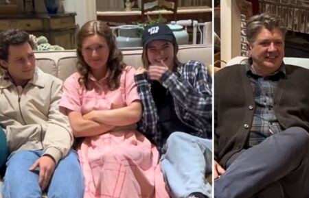 Montana Jordan, Zoe Perry, Raegan Revord, and Lance Barber behind the scenes of 'Georgie & Mandy's First Marriage'