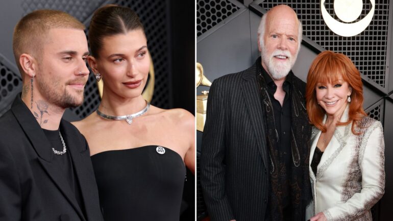 Justin Bieber and Hailey Bieber, Rex Linn and Reba McEntire attend the 68th GRAMMY Awards