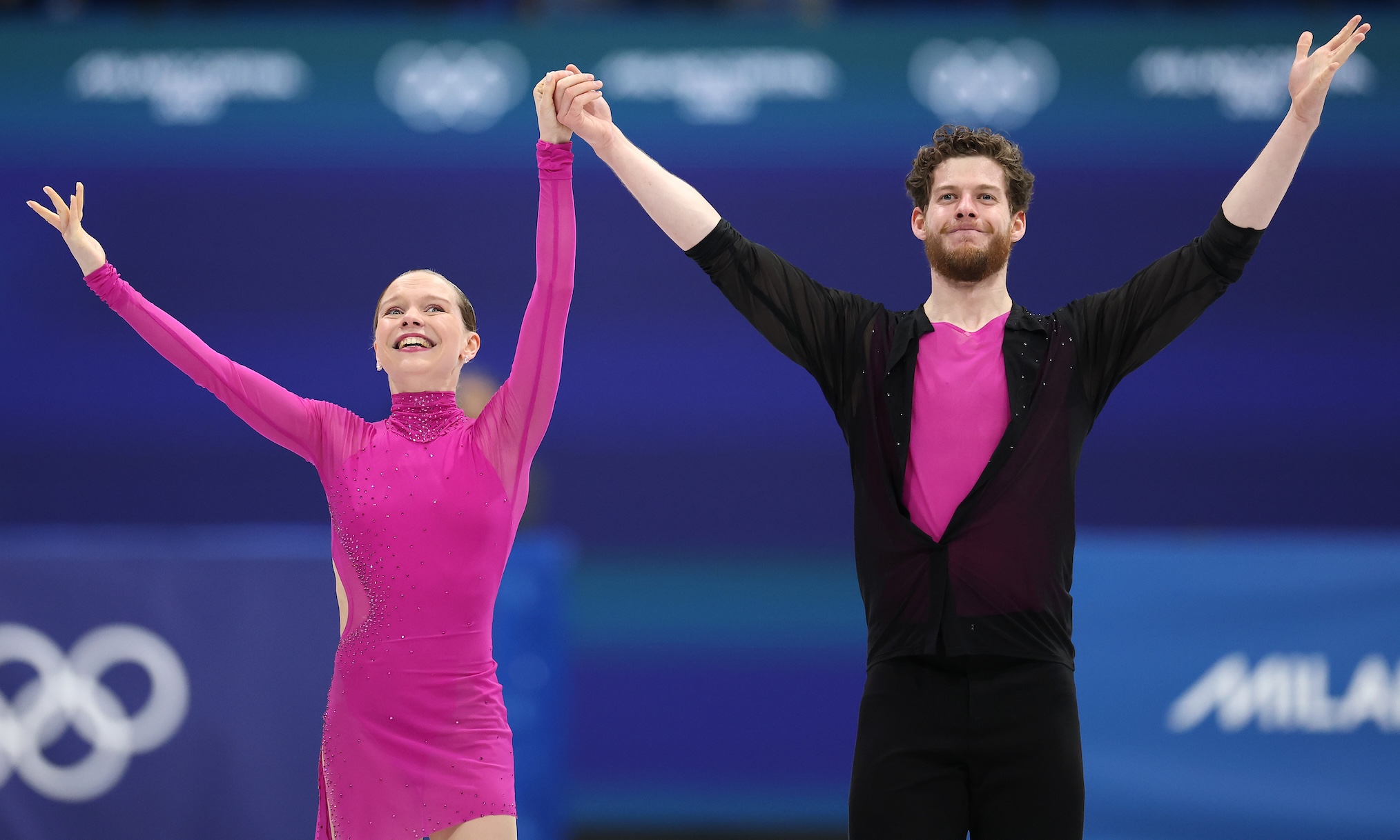 Ioulia Chtchetinina and partner Michal Wozniak of Team Poland compete in Pair Skating - Short Program on day nine of the Milano Cortina 2026 Winter Olympic games at Milano Ice Skating Arena on February 15, 2026 in Milan, Italy.