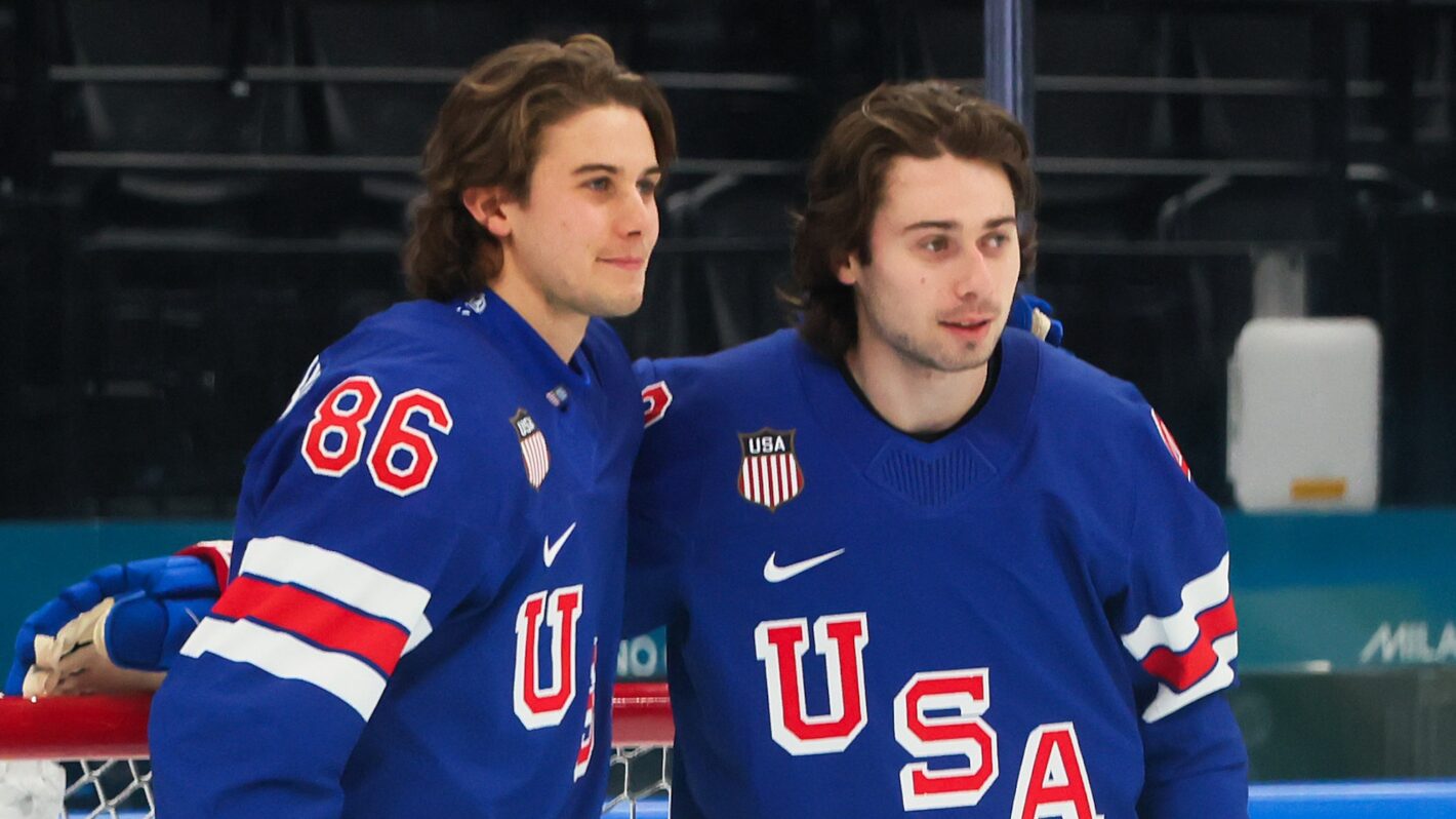ack Hughes #86 and Quinn Hughes #43 of Team United States pose for photographs during training on day three of the Milano Cortina 2026 Winter Olympic games at Milano Santagiulia Ice Hockey Arena on February 09, 2026 in Milan, Italy.