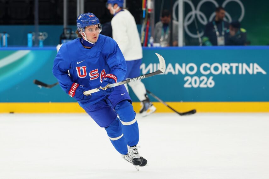 Jack Hughes #86 of Team United States takes part during training on day two of the Milano Cortina 2026 Winter Olympic games at Milano Santagiulia Ice Hockey Arena on February 08, 2026 in Milan, Italy.