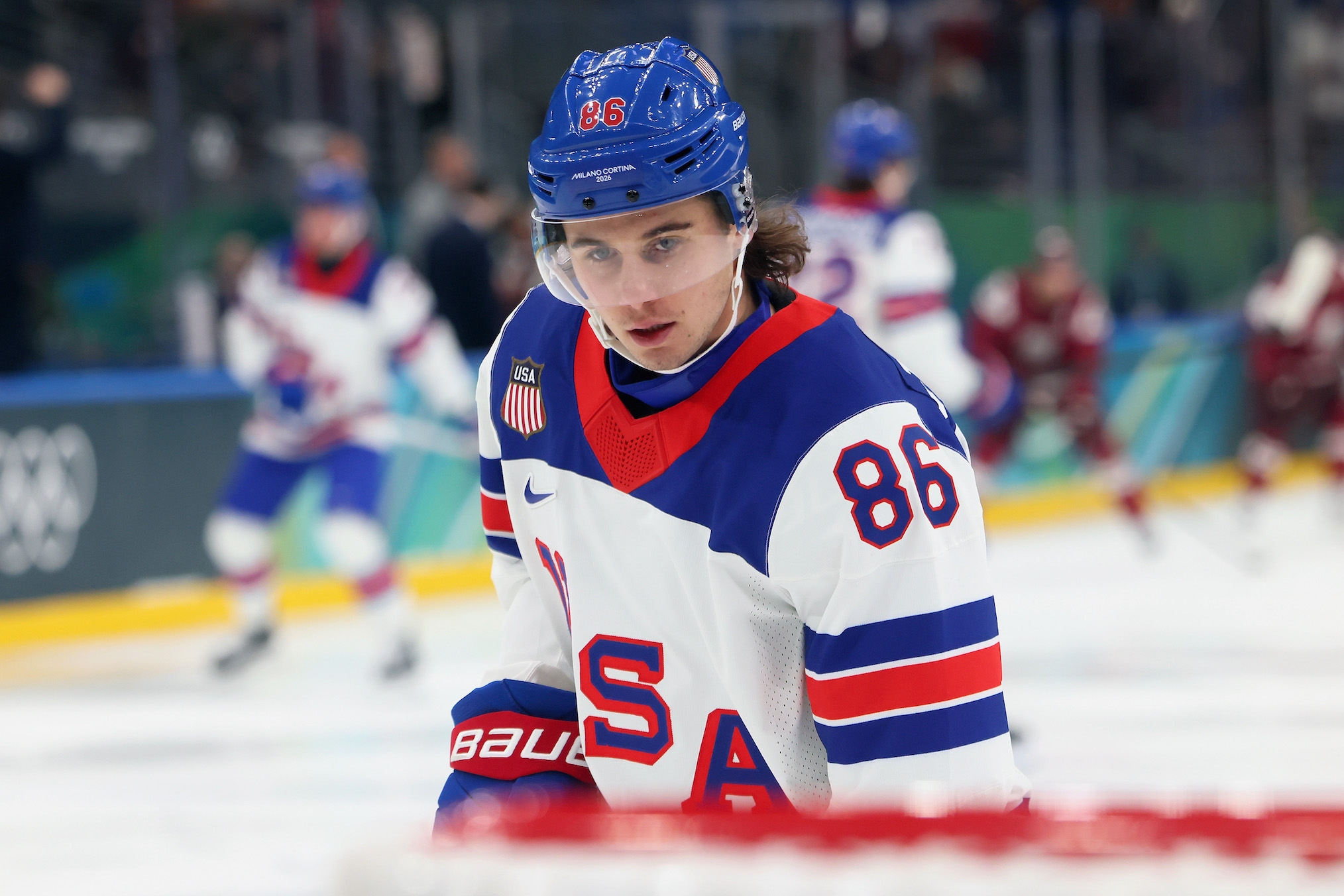Jack Hughes #86 of Team United States looks on before the Men's Preliminary Group C match between Latvia and United States on day six of the Milano Cortina 2026 Winter Olympic games at Milano Santagiulia Ice Hockey Arena on February 12, 2026 in Milan, Italy.
