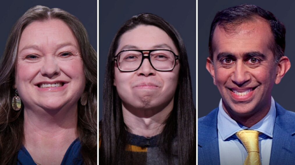'Jeopardy! Invitational Tournament' contestants (from left) Jen Giles, Andrew He, and Mehal Shah, on February 10, 2026