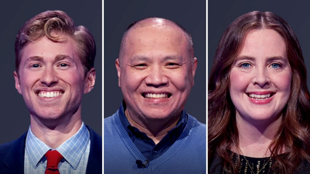 'Jeopardy! Invitational Tournament' 2026 semfinalists (from left) Drew Goins, Long Nguyen, and Karen Farrell, on February 17