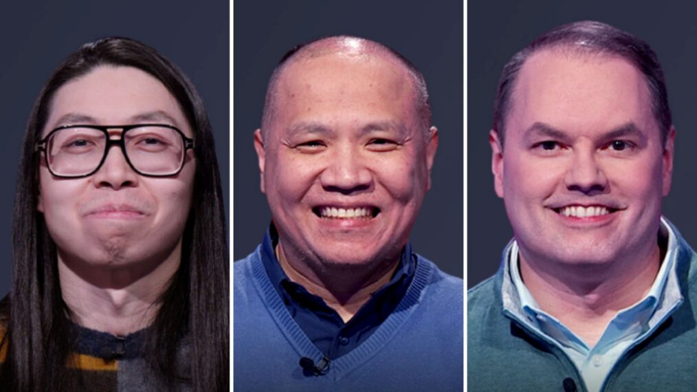 'Jeopardy! Invitational Tournament' finals game 2 contestants (from left) Andrew He, Long Nguyen, and Roger Craig, on February 19, 2026