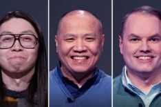 'Jeopardy! Invitational Tournament' finals game 2 contestants (from left) Andrew He, Long Nguyen, and Roger Craig, on February 19, 2026