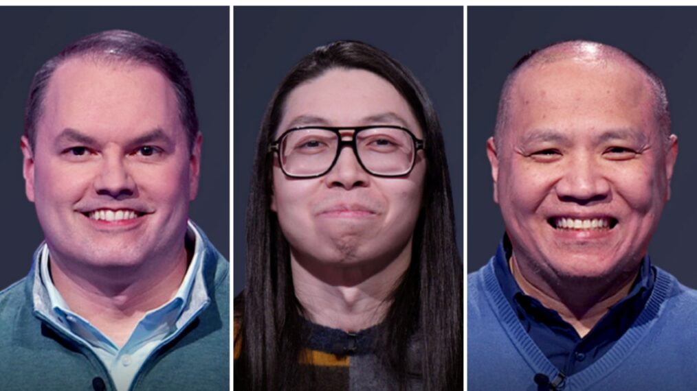 'Jeopardy! Invitational Tournament' finalists (from left) Roger Craig, Andrew He, and Long Nguyen, on February 18, 2026