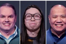 'Jeopardy! Invitational Tournament' finalists (from left) Roger Craig, Andrew He, and Long Nguyen, on February 18, 2026