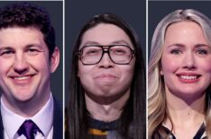 'Jeopardy! Invitational Tournament' semfinalists (from left) Matt Amodio, Andrew He, and Alison Betts, on February 16, 2026