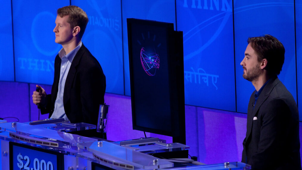 Ken Jennings and Brad Rutter competing against IBM Watson at a press conference at the IBM T.J. Watson Research Center on January 13, 2011, in Yorktown Heights, New York