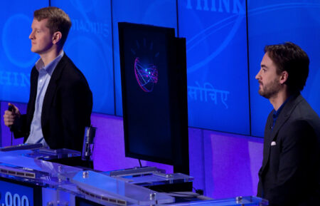 Ken Jennings and Brad Rutter competing against IBM Watson at a press conference at the IBM T.J. Watson Research Center on January 13, 2011, in Yorktown Heights, New York