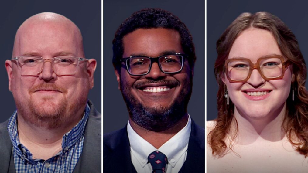 (from left) 'Jeopardy!' contestants Zach Johnson-Dunlop,. Trey Hart, and Katie Pach, on February 23, 2026