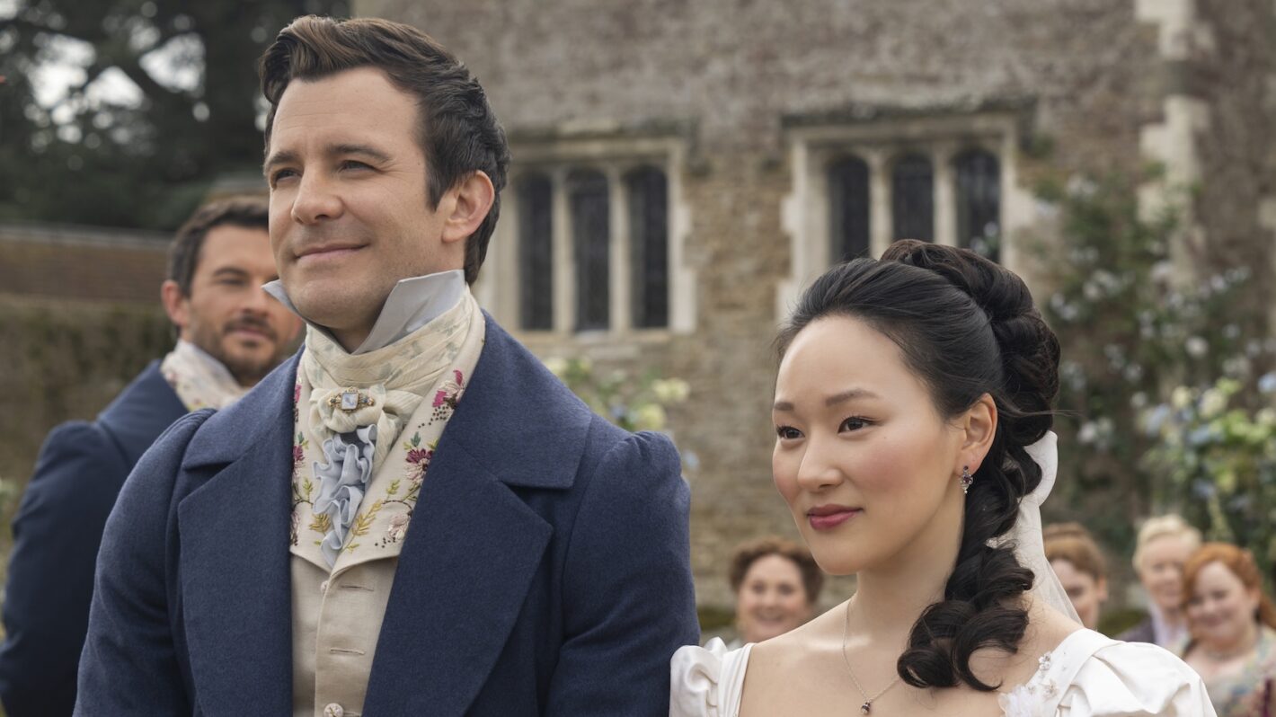 Luke Thompson as Benedict Bridgerton, Yerin Ha as Sophie Baek in the 'Bridgerton' Season 4 finale