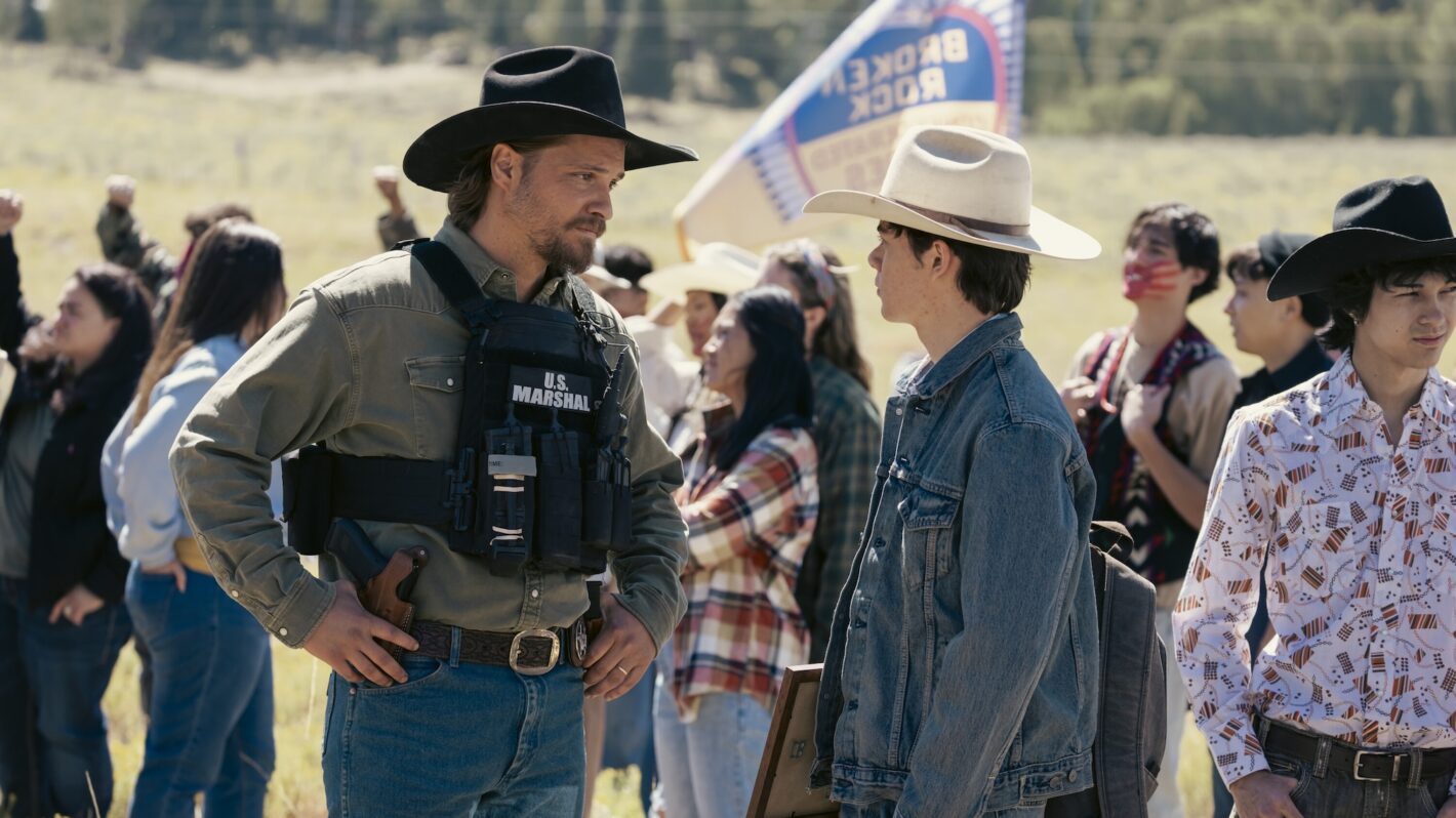 Luke Grimes as Kayce Dutton and Brecken Merrill as Tate Dutton — 'Marshals'