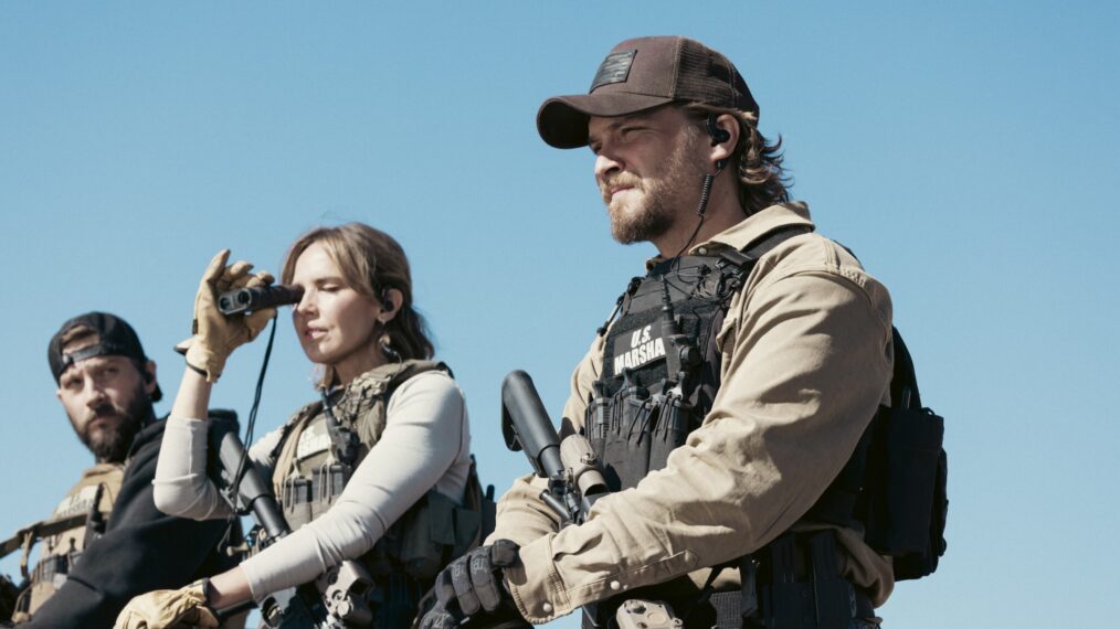 Logan Marshall-Green as Pete Calvin, Arielle Kebbel as Belle, and Luke Grimes as Kayce Dutton — 'Marshals'