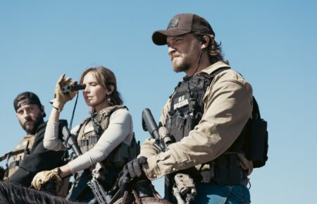 Logan Marshall-Green as Pete Calvin, Arielle Kebbel as Belle, and Luke Grimes as Kayce Dutton — 'Marshals'