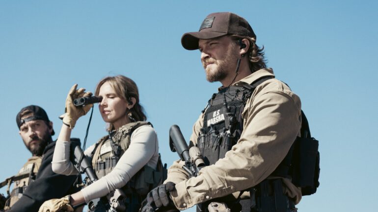 Logan Marshall-Green as Pete Calvin, Arielle Kebbel as Belle, and Luke Grimes as Kayce Dutton — 'Marshals'