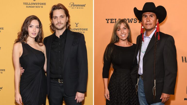 Bianca Rodrigues and Luke Grimes attend Paramount's "Yellowstone" Season 5 New York Premiere at Walter Reade Theater on November 03, 2022 in New York City; Sara Ann Haney-Brings Plenty and Moses Brings Plenty attend the premiere of Paramount Pictures' "Yellowstone" at Paramount Studios on June 11, 2018 in Hollywood, California.
