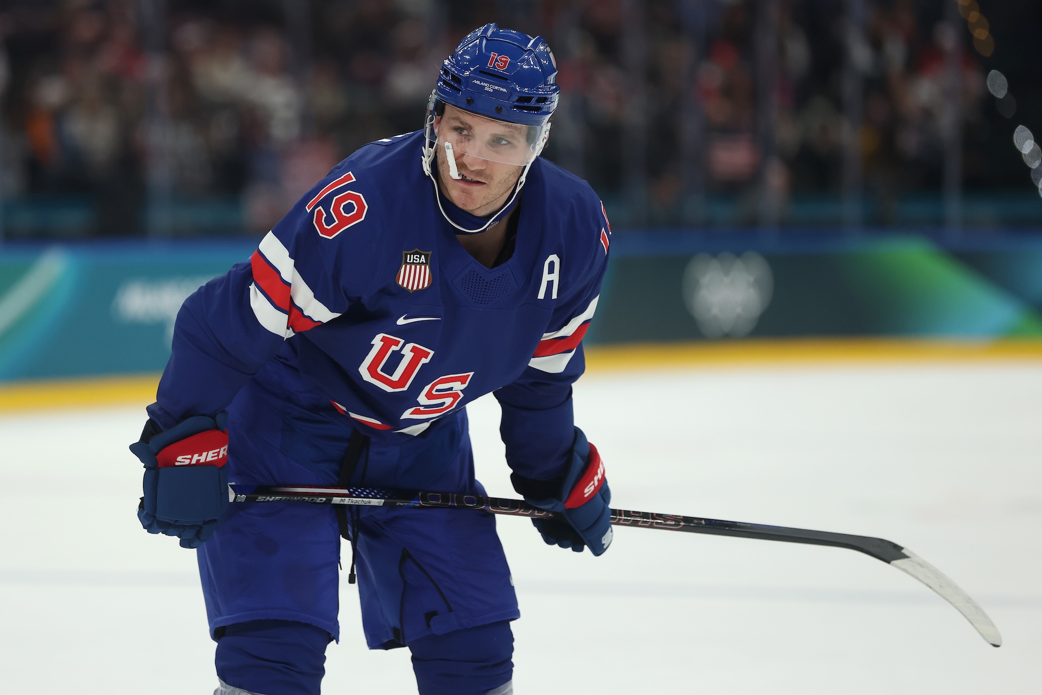 Matthew Tkachuk #19 of Team United States looks on in the second period during the Men's Preliminary Group C match between the United States and Denmark on day eight of the Milano Cortina 2026 Winter Olympic games at Milano Santagiulia Ice Hockey Arena on February 14, 2026 in Milan, Italy.