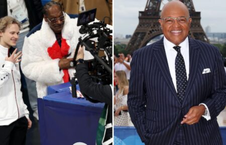 Ilia Malinin of Team United States poses for a photo with American rapper Snoop Dogg, Mike Tirico attends the red carpet ahead of the opening ceremony of the Olympic Games Paris 2024