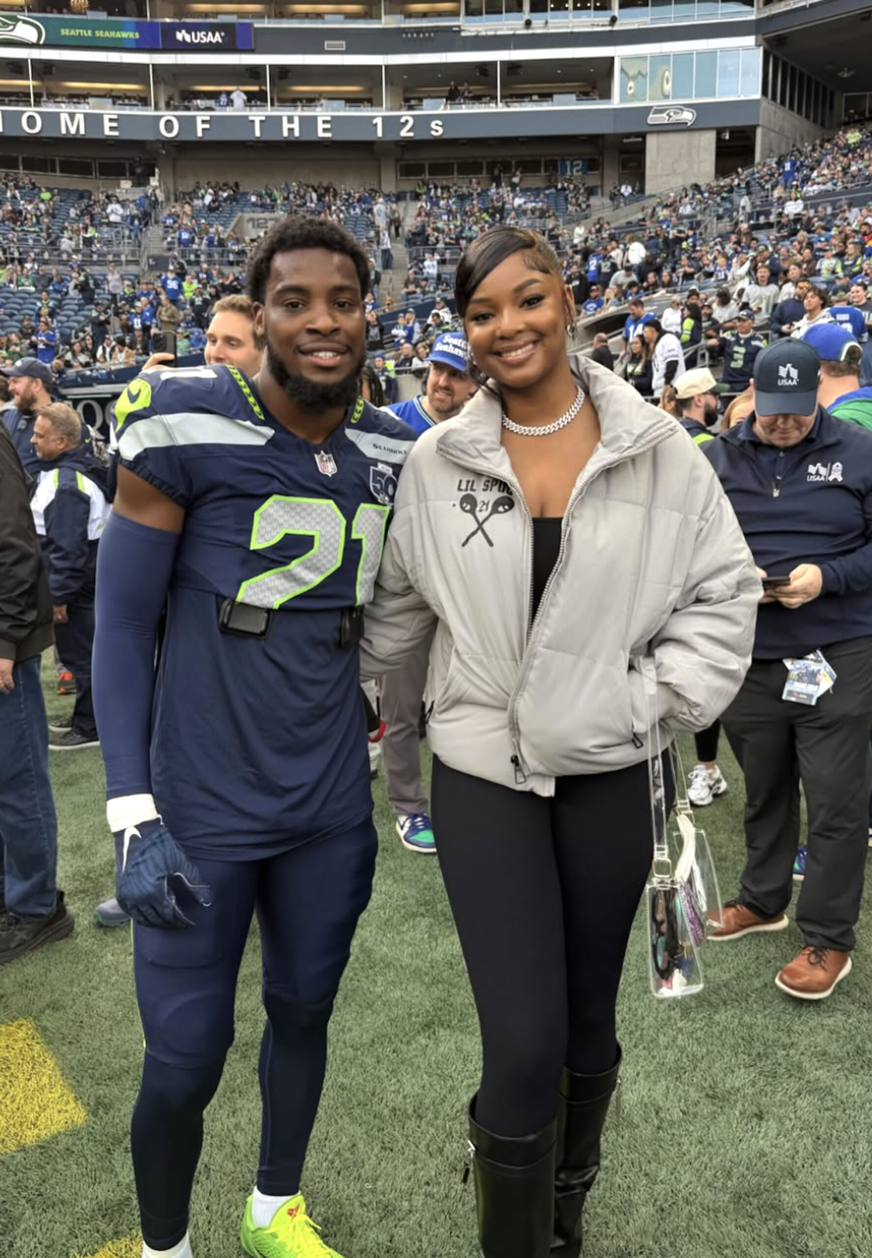 Nijeria McClain and Devon Witherspoon of the Seattle Seahawks