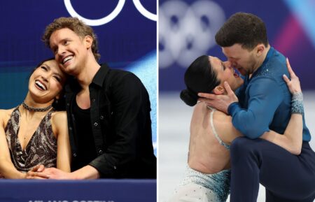 Madison Chock and partner Evan Bates of Team United States react with their team in the Kiss and Cry zone after competing in Ice Dance - Rhythm Dance Qualification on day three of the Milano Cortina 2026 Winter Olympic games at Milano Ice Skating Arena on February 09, 2026 in Milan, Italy; Charlene Guignard and partner Marco Fabbri of Team Italy share a kiss after competing in Ice Dance - Free Dance Team Event on day one of the Milano Cortina 2026 Winter Olympic games at Milano Ice Skating Arena on February 07, 2026 in Milan, Italy.