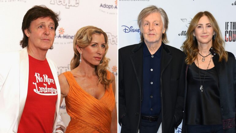 Paul McCartney and ex wife Heather (left); Paul McCartney and wife Nancy (right)