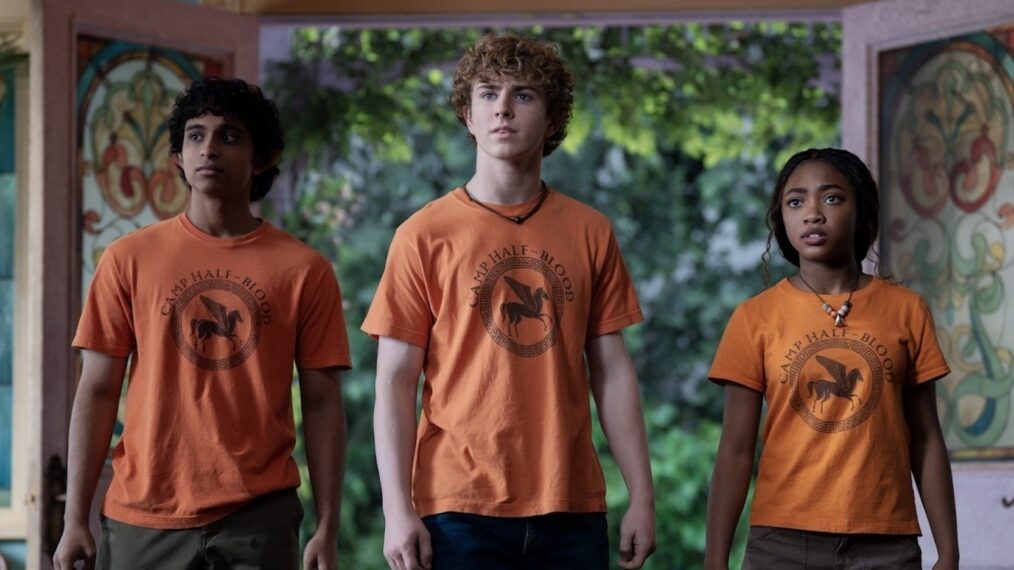 Aryan Simhadri as Grover, Walker Scobell as Percy, and Leah Sava Jeffries as Annabeth in the 'Percy Jackson and the Olympians' Season 2 finale