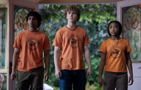Aryan Simhadri as Grover, Walker Scobell as Percy, and Leah Sava Jeffries as Annabeth in the 'Percy Jackson and the Olympians' Season 2 finale
