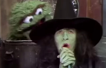 Oscar the Grouch and Margaret Hamilton as The Wicked Witch of the West on 'Sesame Street'
