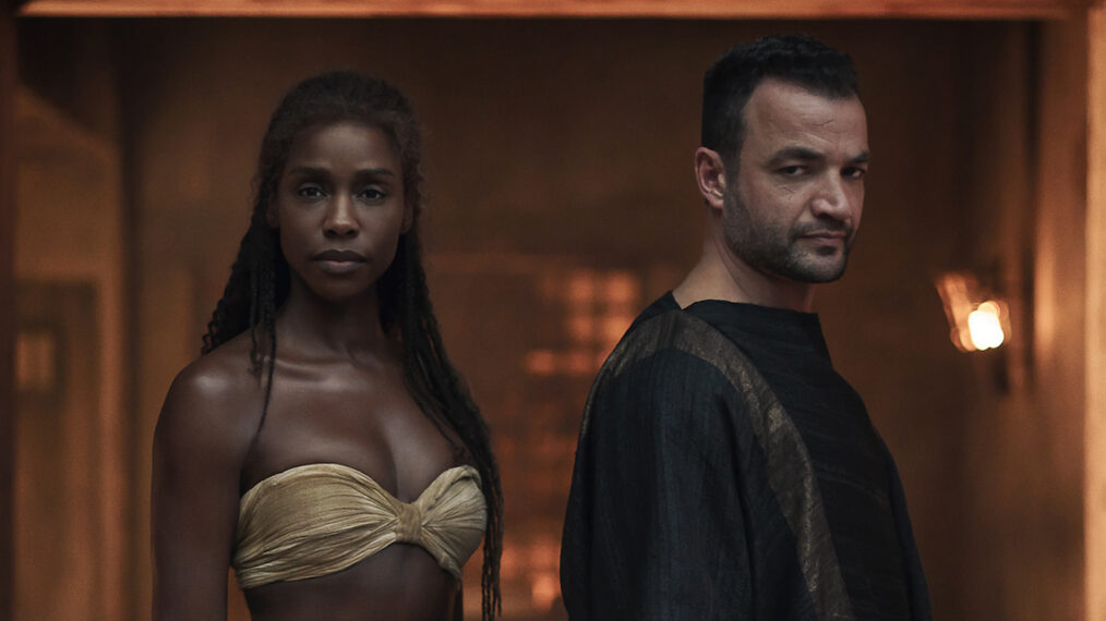 Tenika Davis as Achillia, Nick E. Tarabay as Ashur in the 'Spartacus: House of Ashur' Season 1 finale