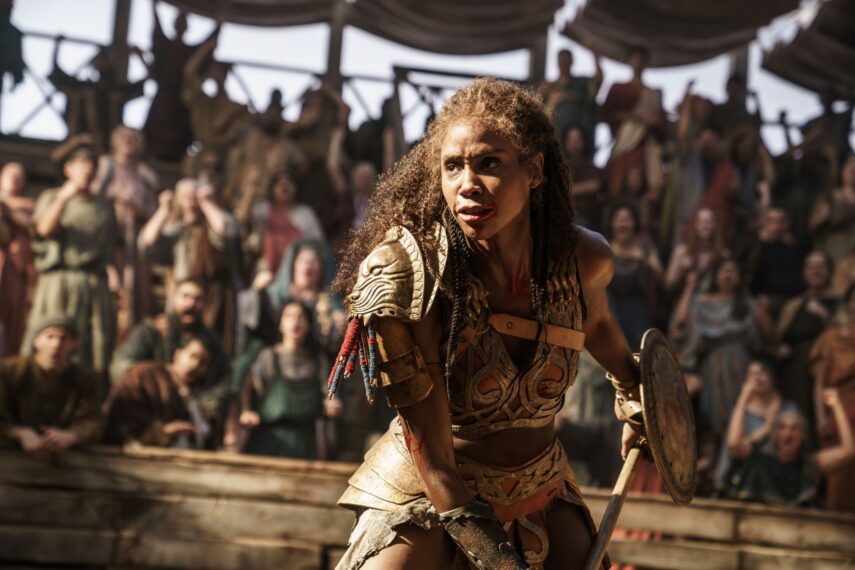 Tenika Davis as Achillia in the 'Spartacus: House of Ashur' Season 1 finale, 'Hail Caesar'
