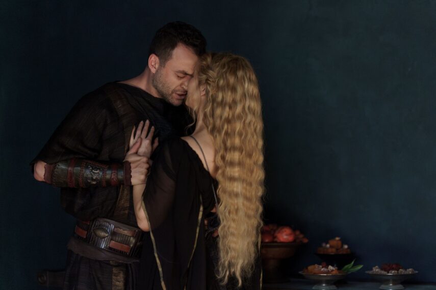 Nick E. Tarabay as Ashur and India Shaw-Smith as Viridia in the 'Spartacus: House of Ashur' Season 1 finale, 'Hail Caesar'
