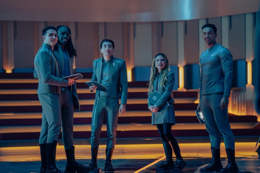 George Hawkins as Darem, Karim Diané as Jay-Den, Romeo Carere as Ocam, Bella Shepard as Genesis, and Sandro Rosta as Caleb in season 1, episode 8, of Star Trek: Starfleet Academy