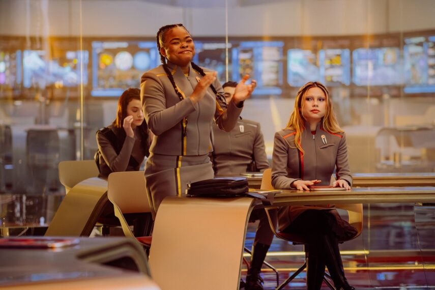 Zoe Steiner as Tarima, Kerrice Brooks as SAM, and Bella Shepard as Genesis in season 1, episode 8, of Star Trek: Starfleet Academy