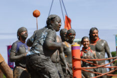 Cirie Fields competes in 'Survivor 50' premiere challenge, with Christian Hubicki, Cirie Fields, Jenna Lewis-Dougherty, Savannah Louie, and Ozzy Lusth watching behind her