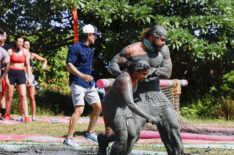 Jeff Probst, Kamilla Karthigesu, and Jonathan Young during a challenge in the 'Survivor 50' premiere