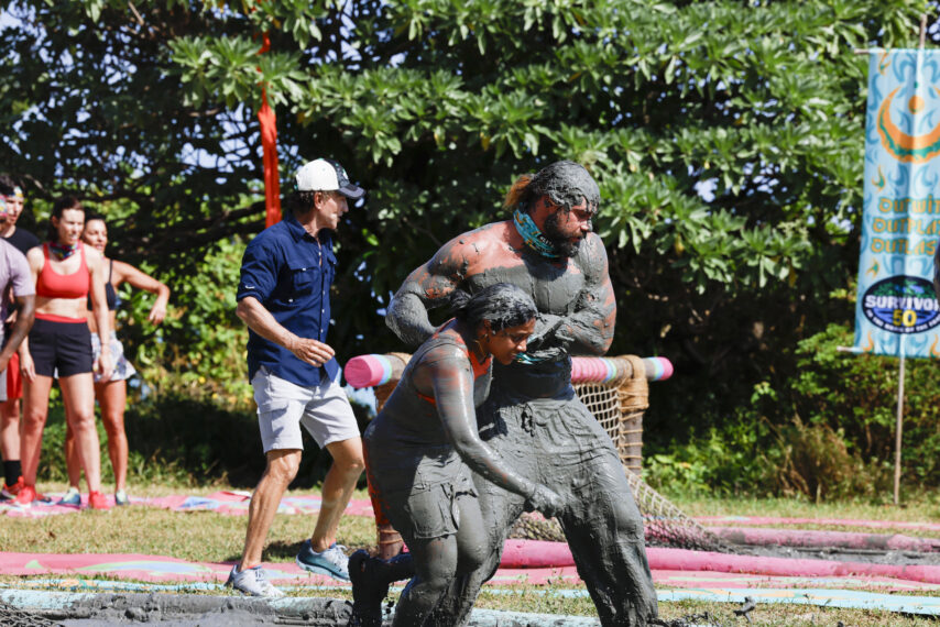 Jeff Probst, Kamilla Karthigesu, and Jonathan Young during a challenge in the 'Survivor 50' premiere