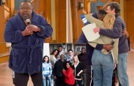 Cedric The Entertainer, Tichina Arnold, Beth Behrs, and Max Greenfield, on the set of 