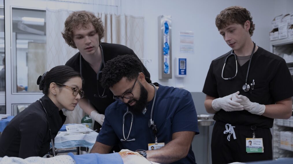 Irene Choi as Joy, Lucas Iverson as Ogilvie, Brandon Mendez Homer as Donnie, Gerran Howell as Whitaker — 'The Pitt' Season 2 Episode 6