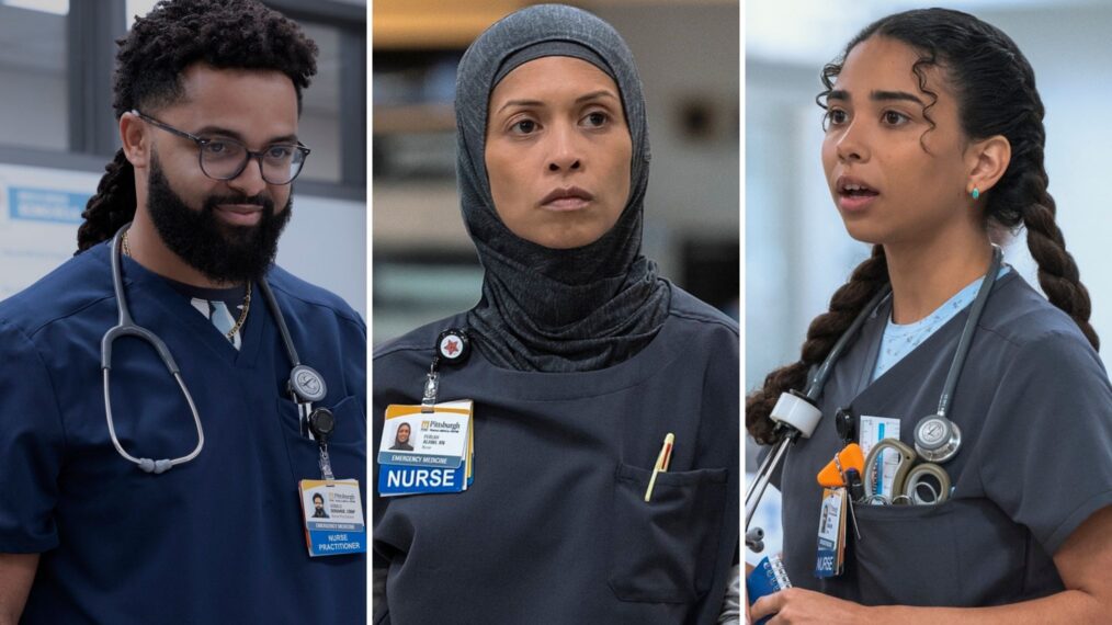 Brandon Mendez Homer as Donnie, Amielynn Abellera as Perlah, and Laetitia Hollard as Emma — 'The Pitt' Season 2