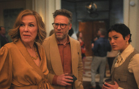 Catherine O'Hara as Patty Leigh, Seth Rogen as Matt Remnick, and Chase Sui Wonders as Quinn Hackett in 'The Studio'