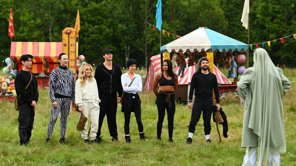 THE TRAITORS -- 'Do You Know the Enemy?' Episode 410 -- Pictured: (l-r) Eric Nam, Johnny Weir, Tara Lipinski, Rob Rausch, Maura Higgins, Natalie Anderson, Mark Ballas -