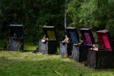 THE TRAITORS -- 'Think Outside the Box' Episode 409 -- Pictured: (l-r) Maura Higgins, Natalie Anderson, Rob Rausch, Stephen Colletti, Tara Lipinski